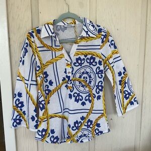 100% Linen Medium Rope-Detail Button Front Blouse — Blue & Gold